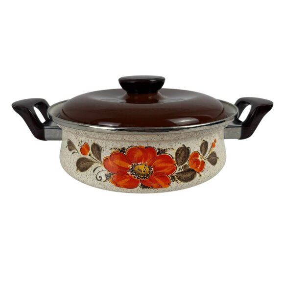 Sanko Ware Show Pans Japan Enamel Coated Orange Flower Covered Lid 9in Saucepan - Picture 2 of 16